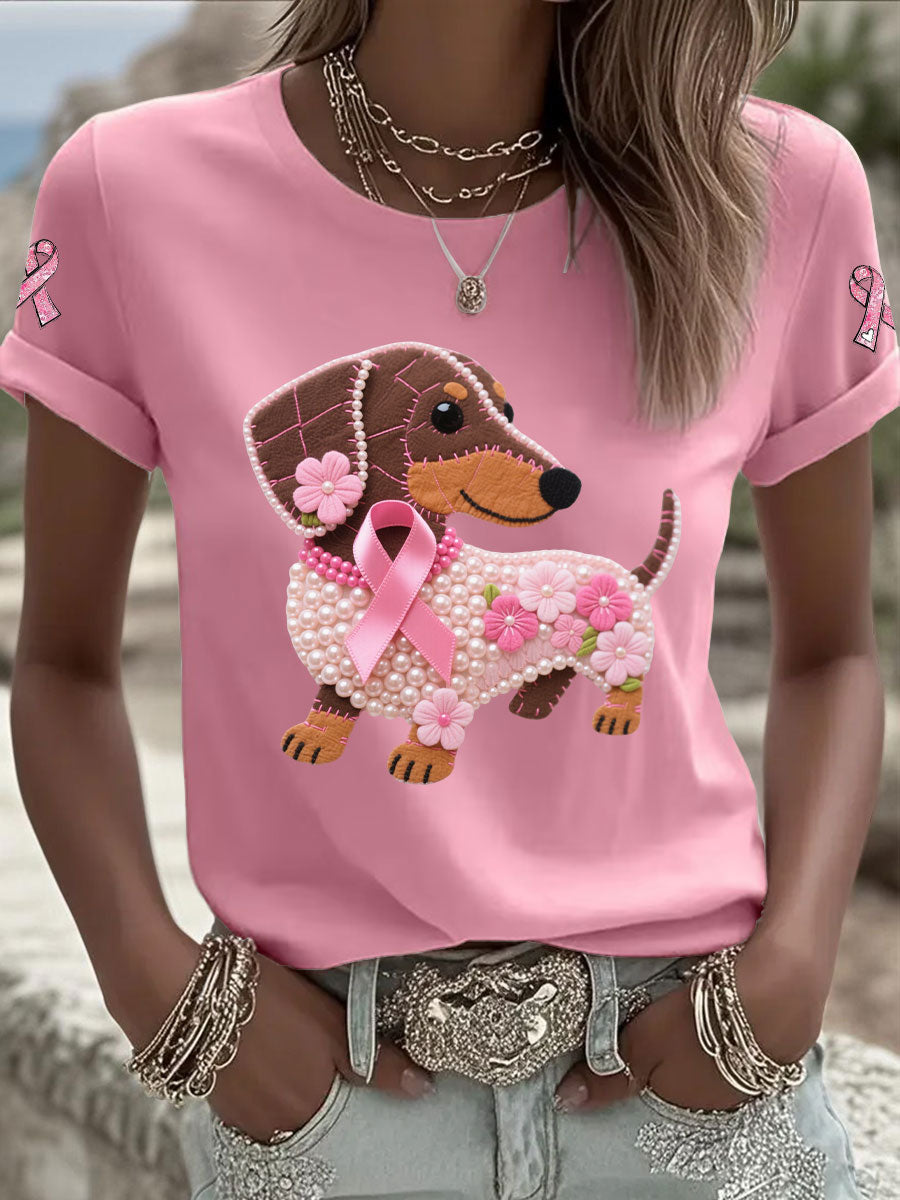 Kvinders Pink Ribbon Print Casual T-shirt