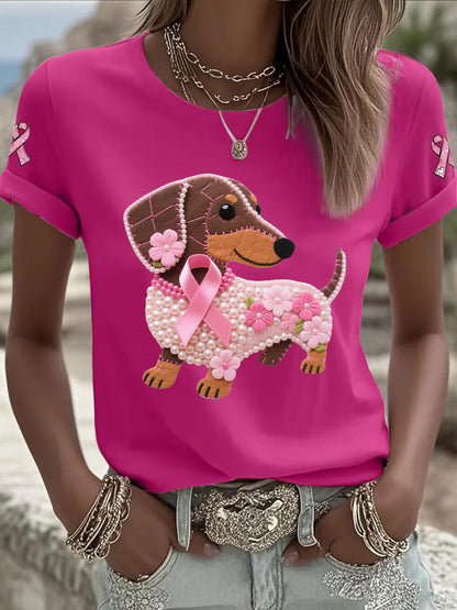 Kvinders Pink Ribbon Print Casual T-shirt