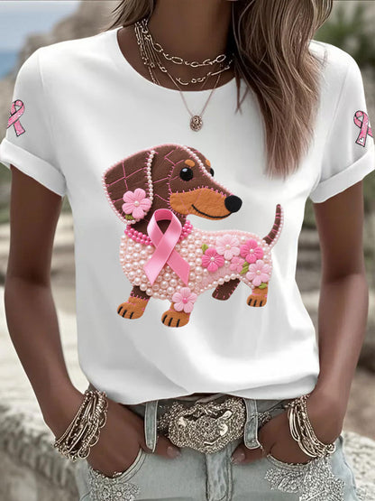 Kvinders Pink Ribbon Print Casual T-shirt