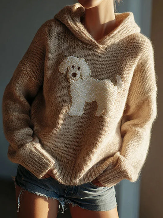 Kvinders klassiske fuzzy puddel hund følt hyggelige strikket hættesløs sweater.