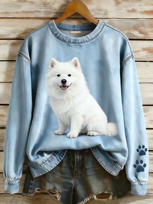 Kvinders Retro Denim Patchwork Animal Art Print Casual Comfort Langærme Sweatshirt