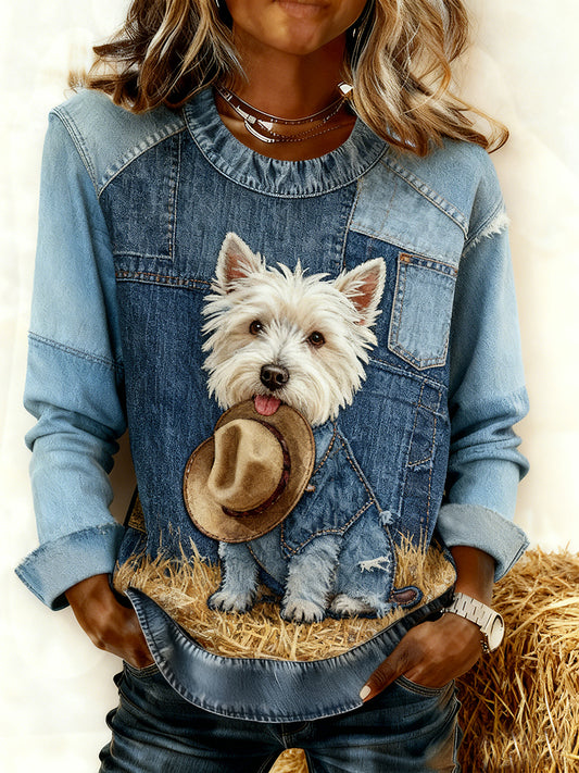 Kvinders Retro Animal Art Print Komfortable Denim Patchwork Sweatshirt