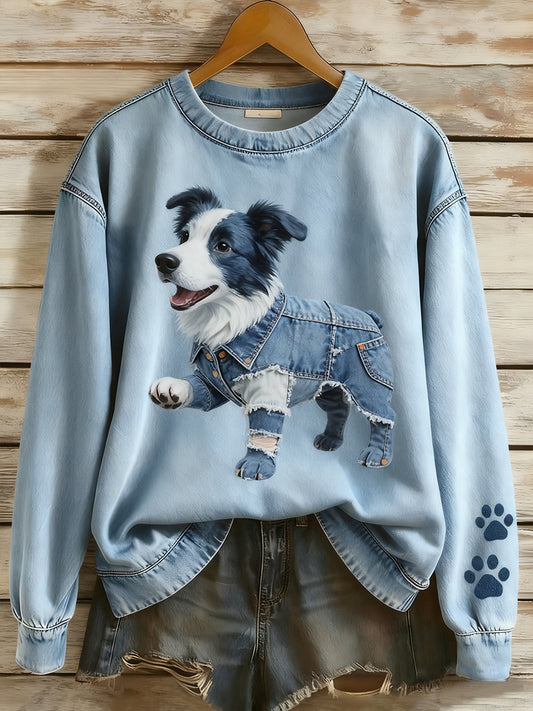 Kvinders Retro Denim Patchwork Animal Art Print Casual Comfort Langærme Sweatshirt