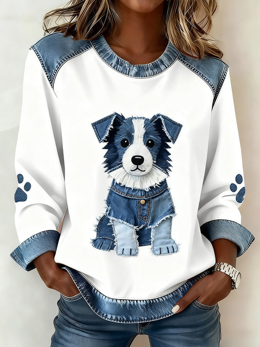Kvinders Retro Animal Art Print Komfortable Denim Patchwork Sweatshirt