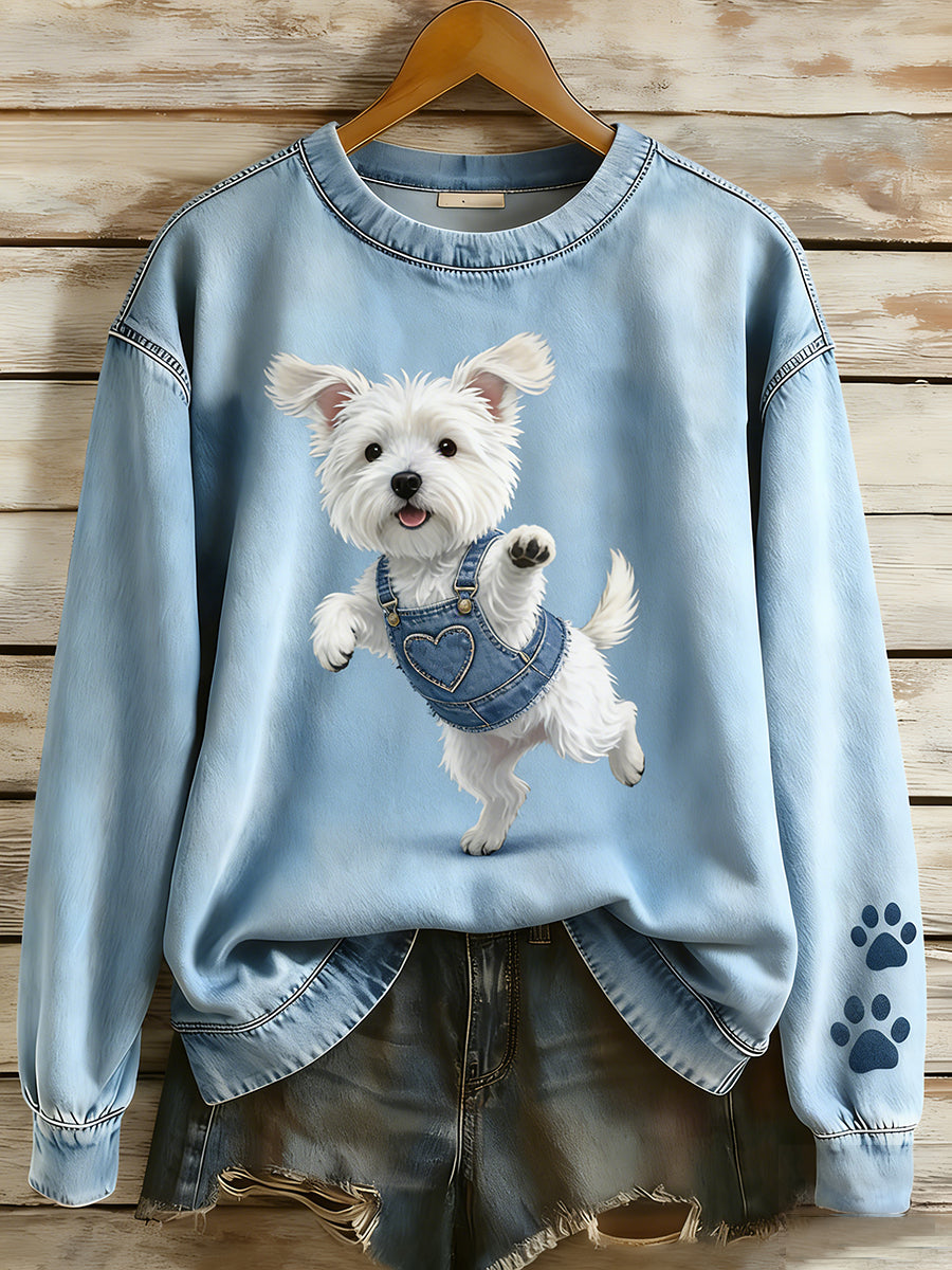 Kvinders Retro Denim Patchwork Animal Art Print Casual Comfort Langærme Sweatshirt