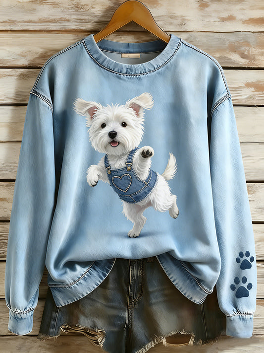 Kvinders Retro Denim Patchwork Animal Art Print Casual Comfort Langærme Sweatshirt