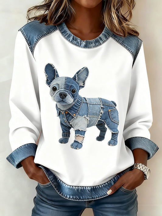 Kvinders Retro Animal Art Print Komfortable Denim Patchwork Sweatshirt