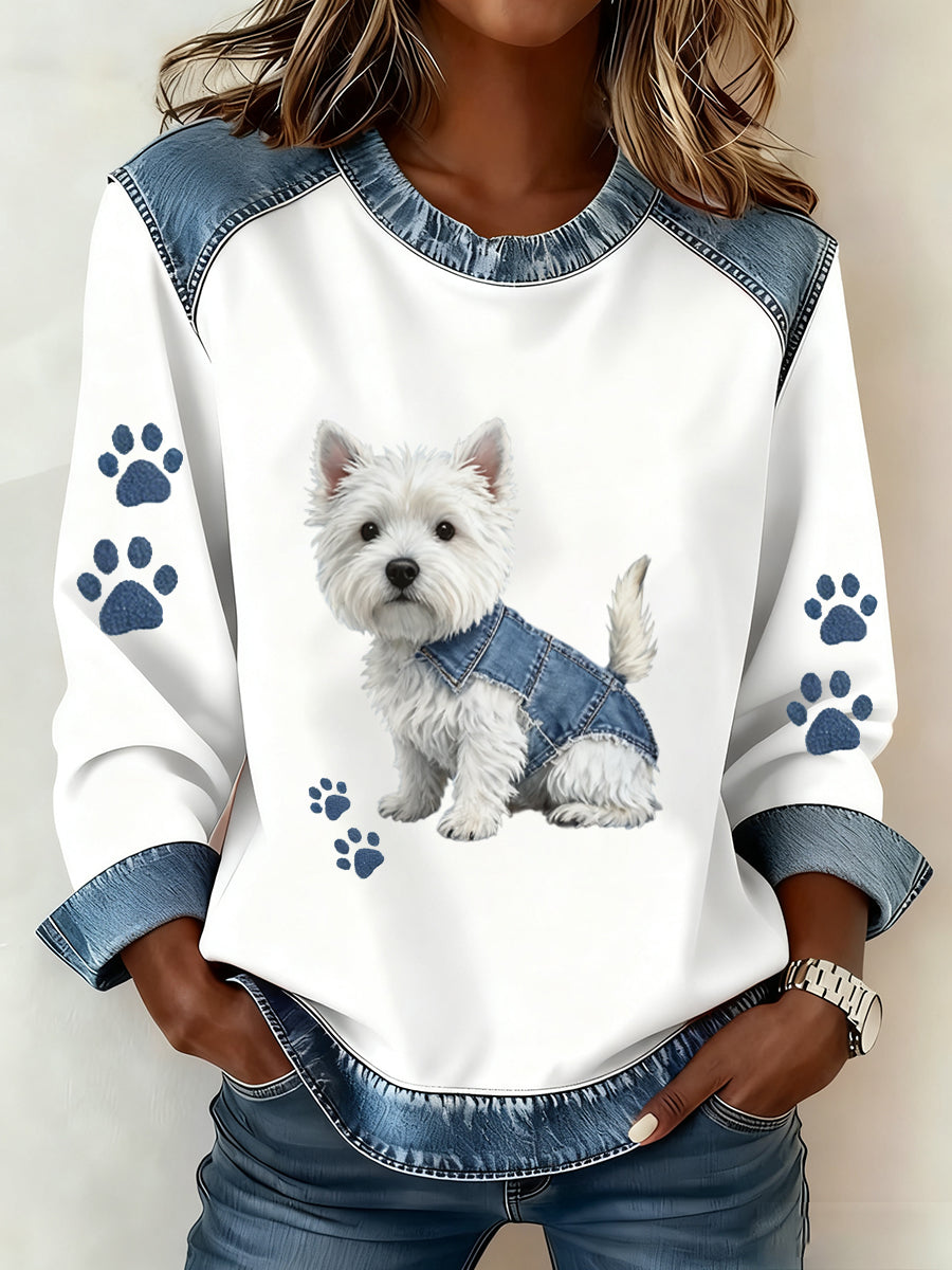 Kvinders Retro Animal Art Print Komfortable Denim Patchwork Sweatshirt