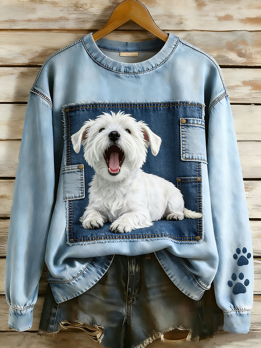 Kvinders Retro Denim Patchwork Animal Art Print Casual Comfort Langærme Sweatshirt