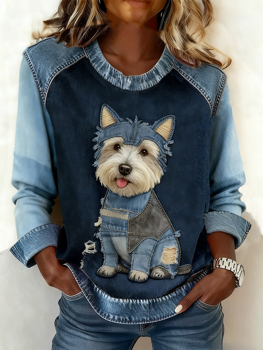 Kvinders Retro Animal Art Print Komfortable Denim Patchwork Toppe