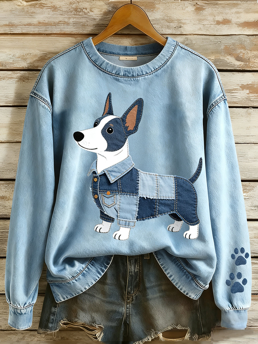 Kvinders Retro Denim Patchwork Animal Art Print Casual Comfort Langærme Sweatshirt