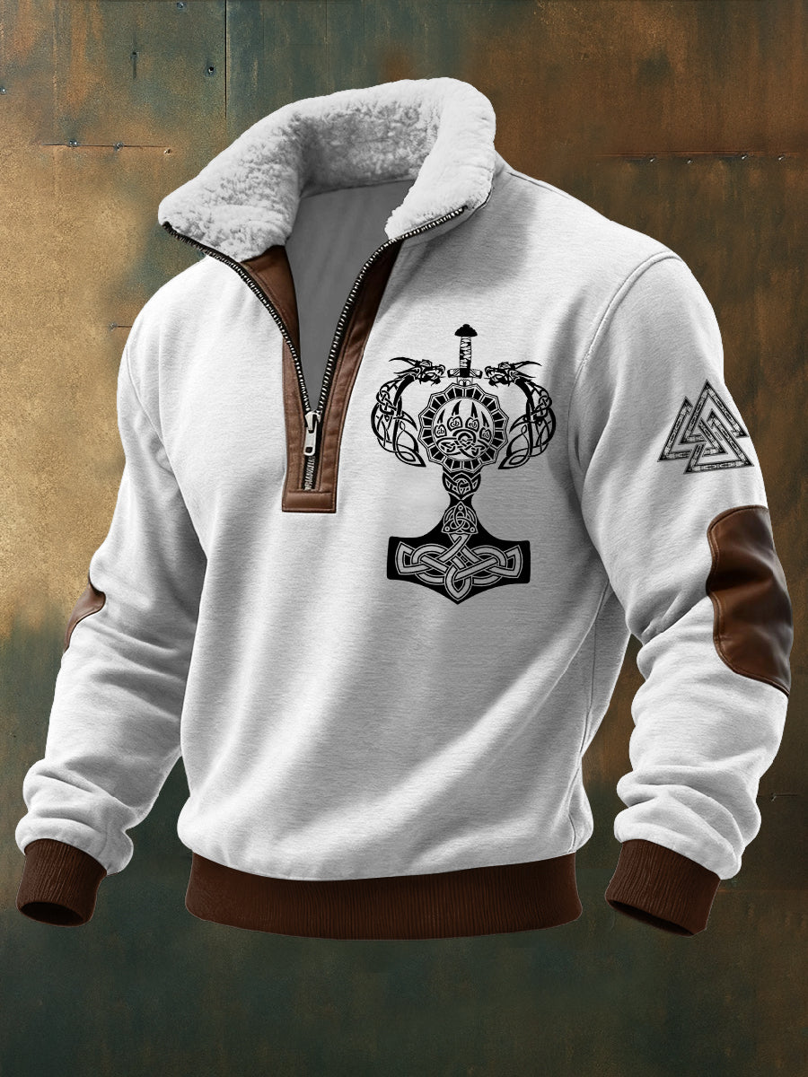 Mænds vikinge trekant Trykt lang ærmet Stand op krage Lambhair lynlås øverst