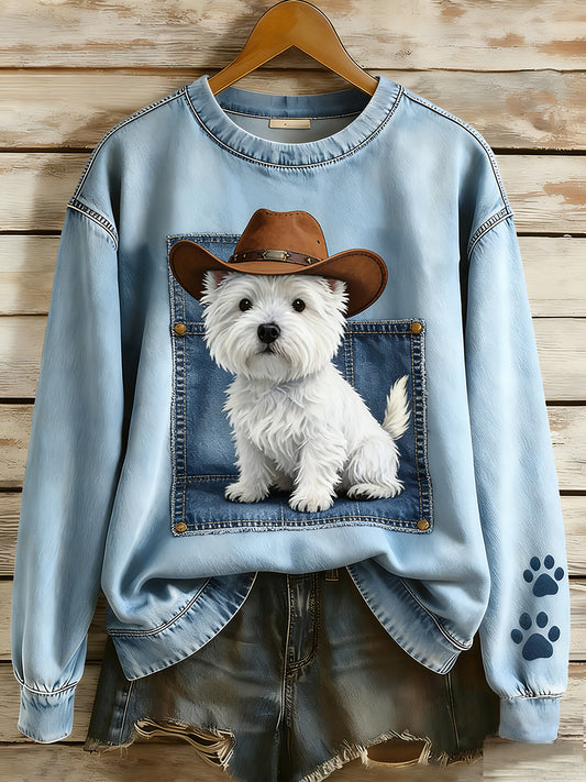 Kvinders Retro Denim Patchwork Animal Art Print Casual Comfort Langærme Sweatshirt