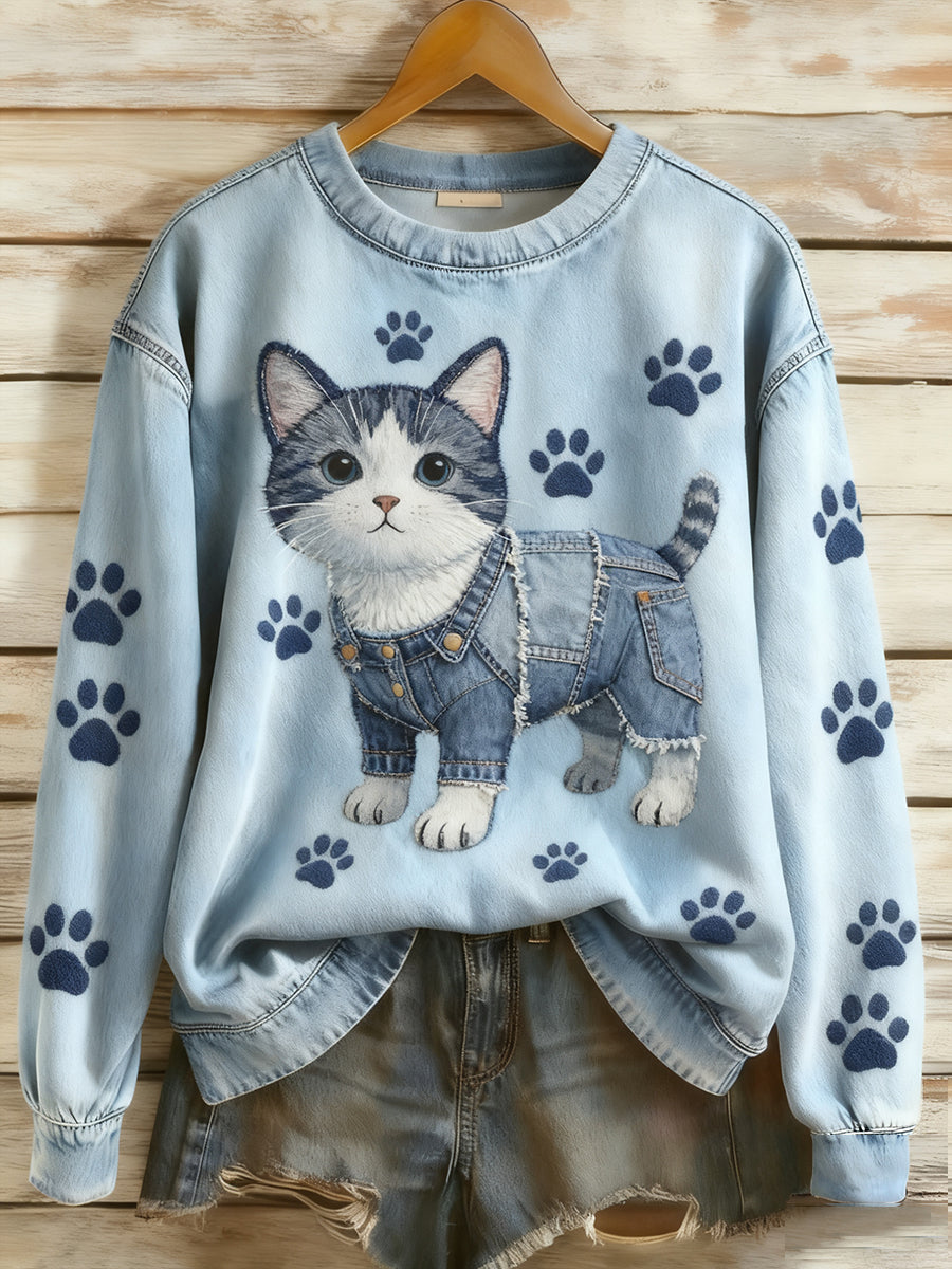 Kvinders Retro Denim Patchwork Animal Art Print Casual Comfort Langærme Sweatshirt