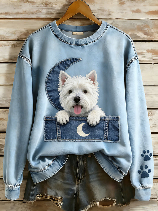 Kvinders Retro Denim Patchwork Animal Art Print Casual Comfort Langærme Sweatshirt