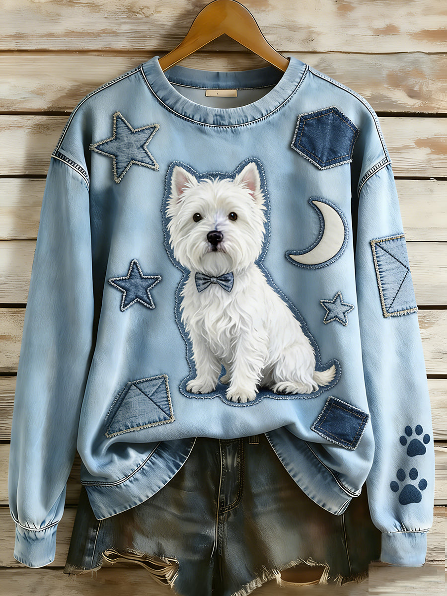 Kvinders Retro Denim Patchwork Animal Art Print Casual Comfort Langærme Sweatshirt