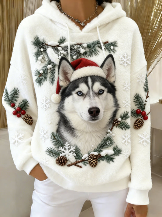 Kvinders Retro Animal Art Print Komfortable Flannel Hooded sweatshirt