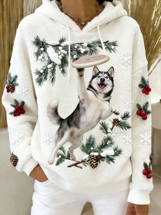 Kvinders Retro Animal Art Print Komfortable Flannel Hooded sweatshirt