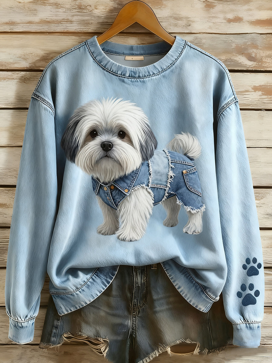 Kvinders Retro Denim Patchwork Animal Art Print Casual Comfort Langærme Sweatshirt