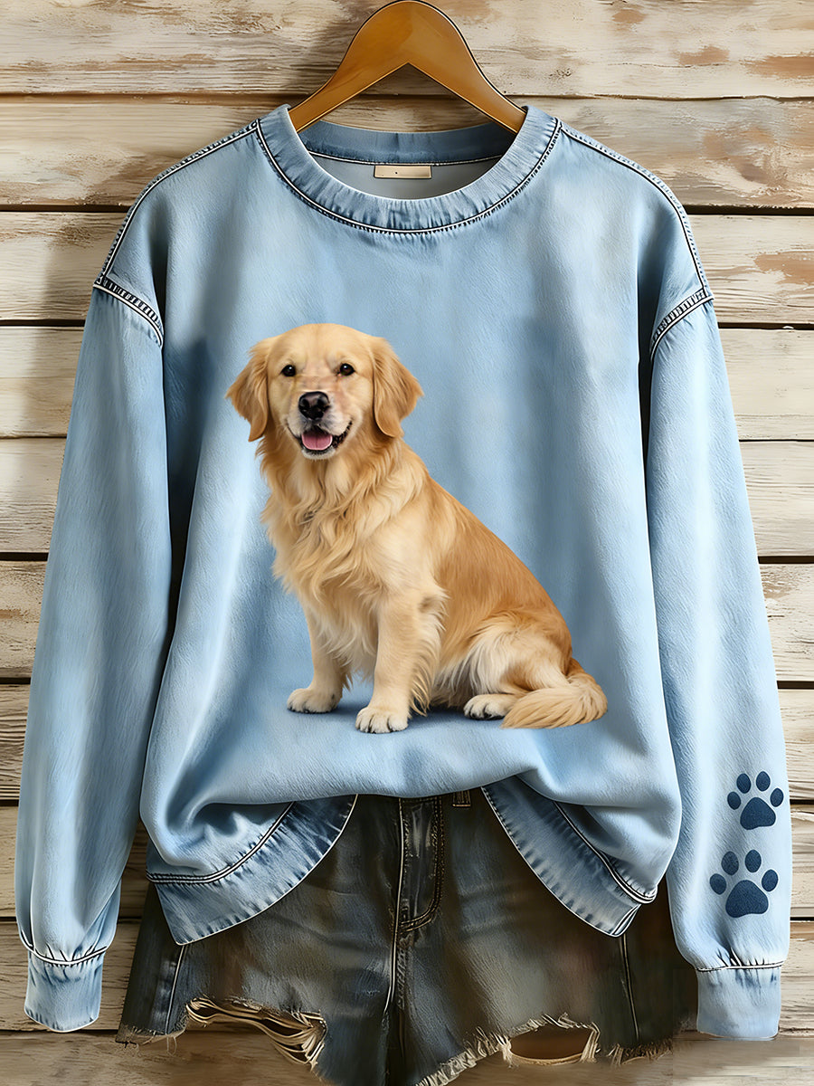 Kvinders Retro Denim Patchwork Animal Art Print Casual Comfort Langærme Sweatshirt