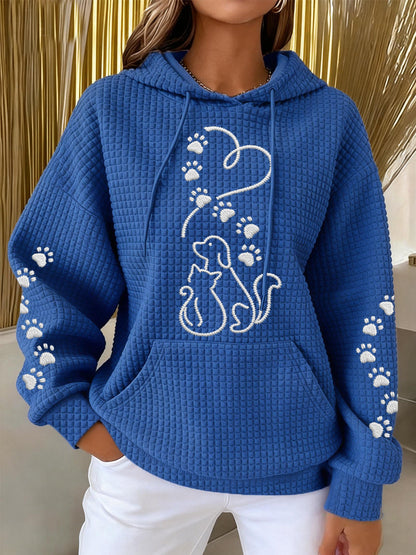 Kvinders hund og kat kærlighed hjerte Print Casual Vaffel Hoodie.