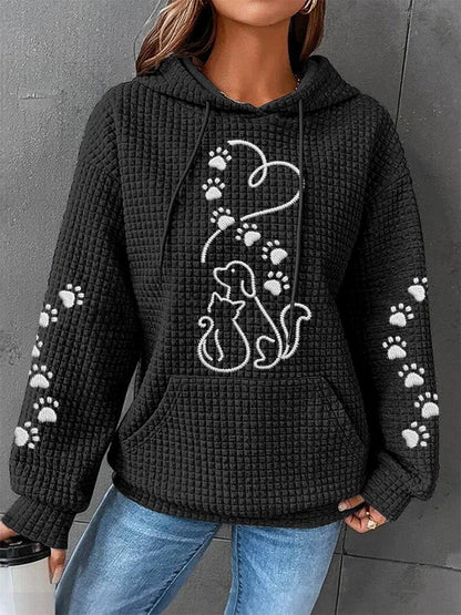 Kvinders hund og kat kærlighed hjerte Print Casual Vaffel Hoodie.