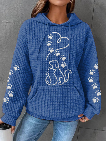 Kvinders hund og kat kærlighed hjerte Print Casual Vaffel Hoodie.