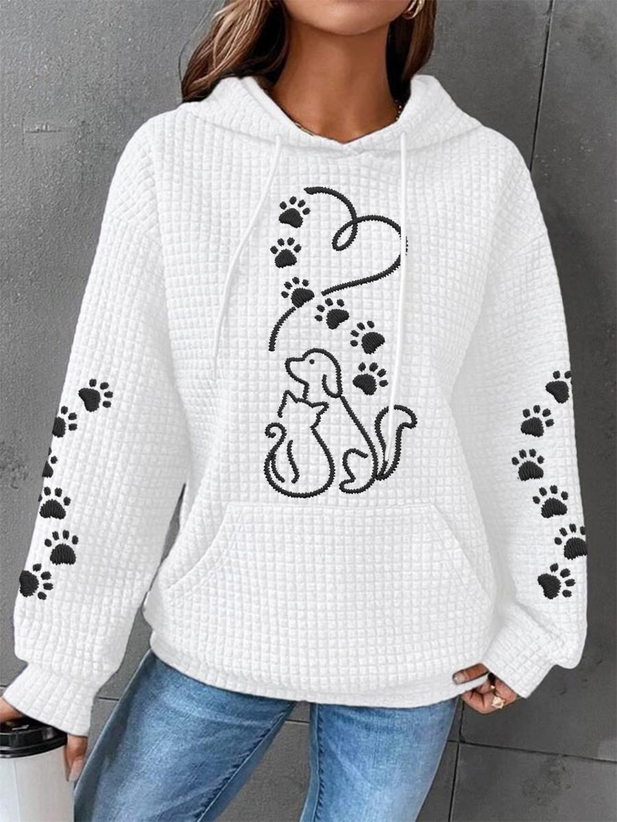 Kvinders hund og kat kærlighed hjerte Print Casual Vaffel Hoodie.