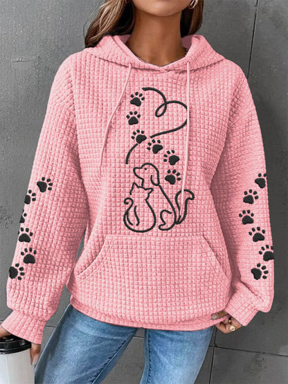 Kvinders hund og kat kærlighed hjerte Print Casual Vaffel Hoodie.
