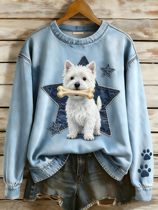 Kvinders Retro Denim Patchwork Animal Art Print Casual Comfort Langærme Sweatshirt