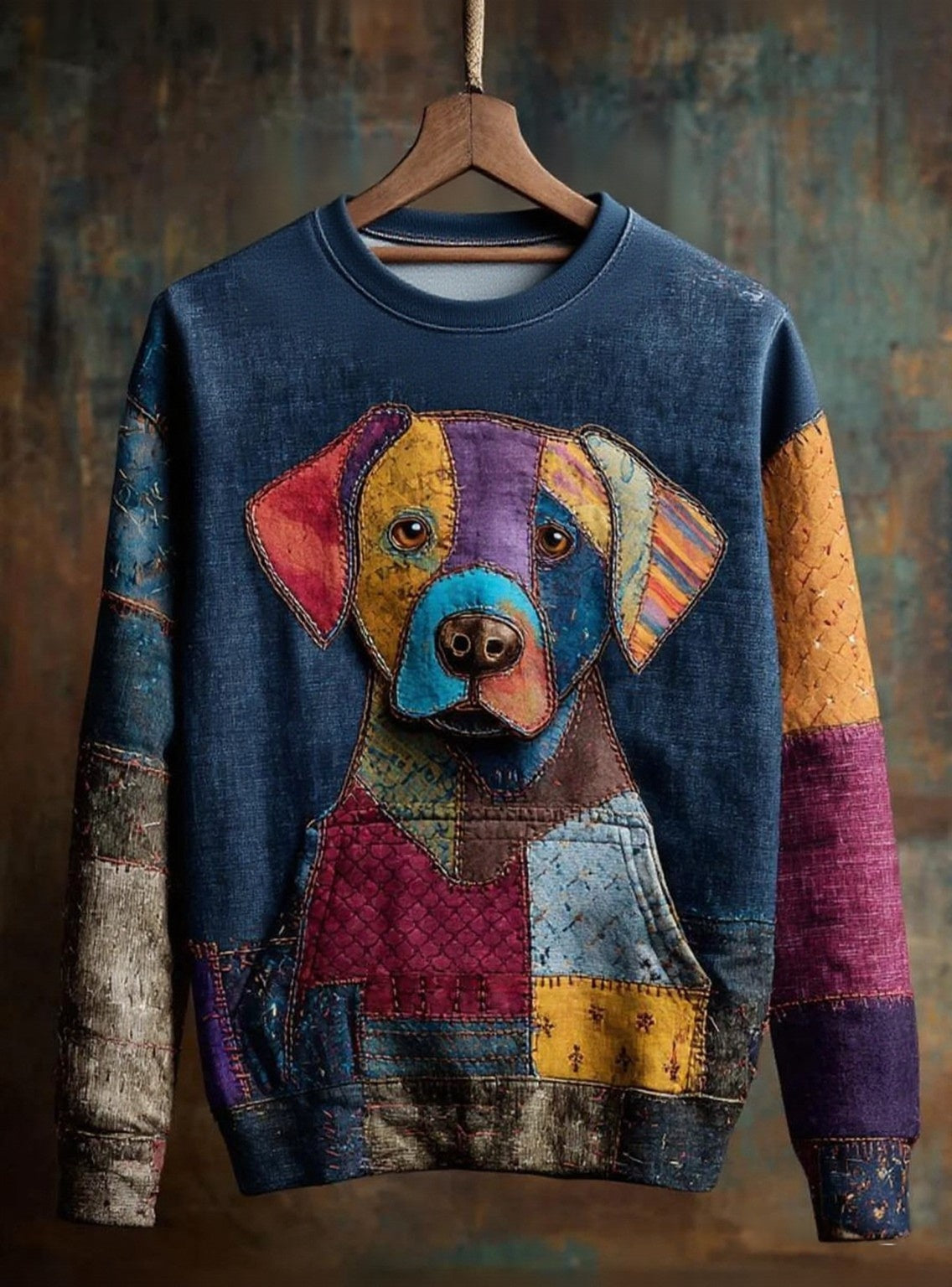 Kvinders Vintage Patchwork hund Art Print Casual Sweatshirt