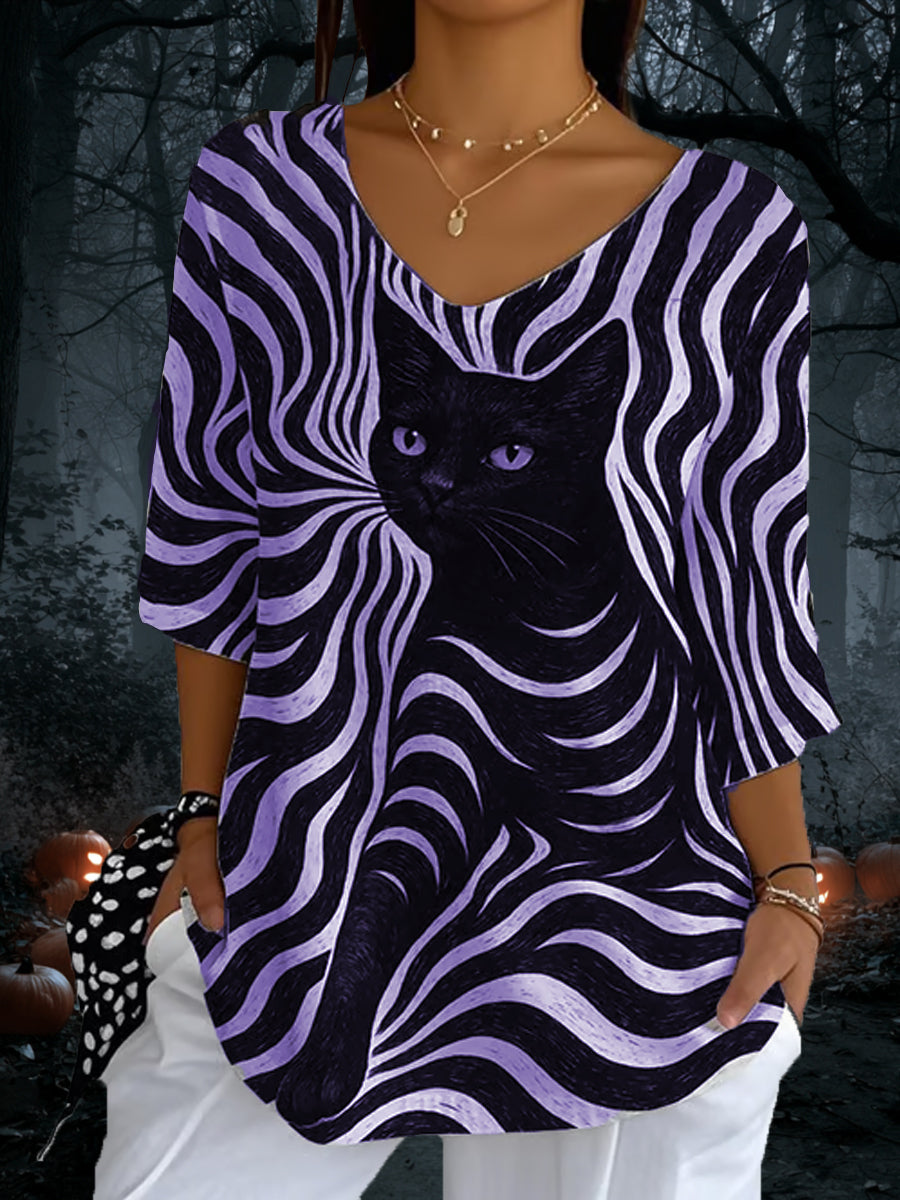 Kvinders sort kat striber Casual lange ærmer øverst