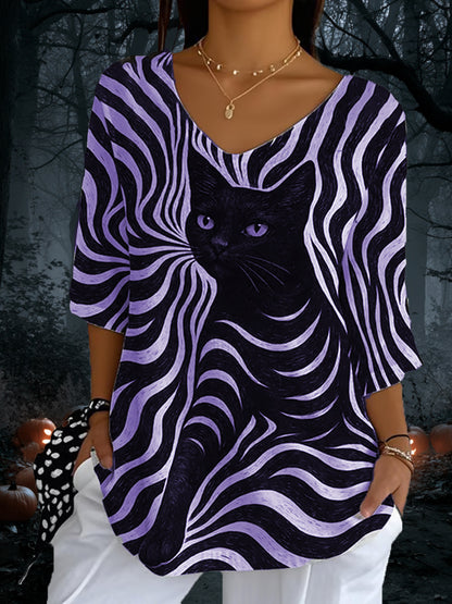 Kvinders sort kat striber Casual lange ærmer øverst