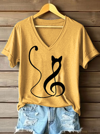 Kvinders musiknote inspireret kat Print V-hals T-shirt