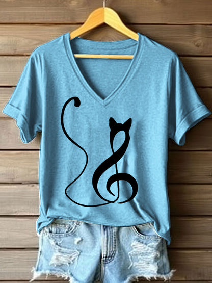 Kvinders musiknote inspireret kat Print V-hals T-shirt