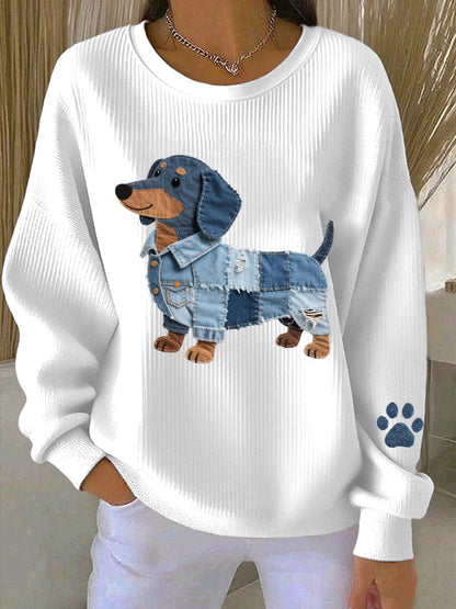 Kvinders Denim Patchwork Art Dachhun mønster sweatshirt