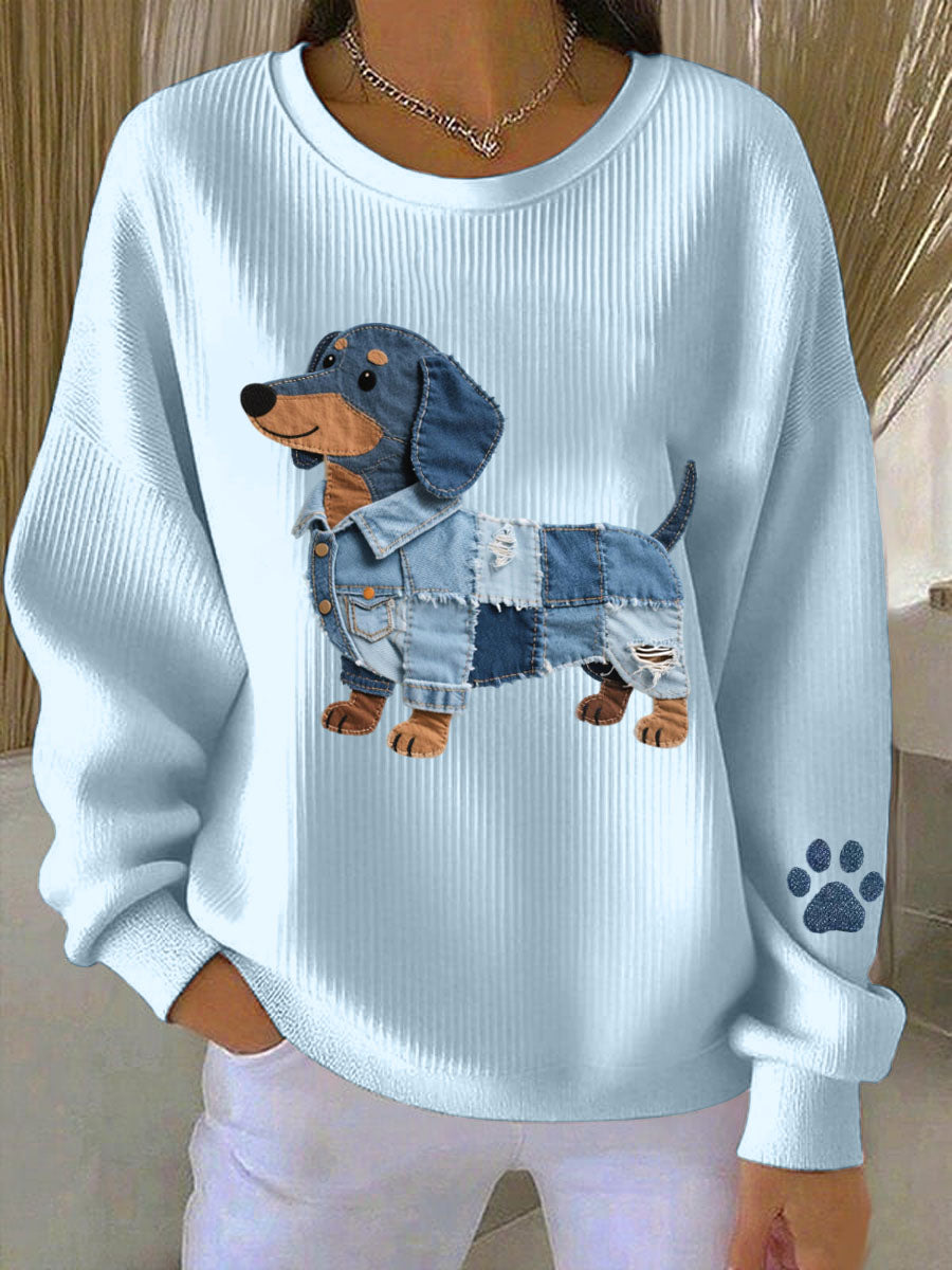 Kvinders Denim Patchwork Art Dachhun mønster sweatshirt