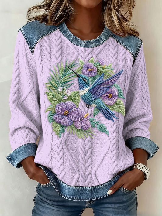 Kvinder Hummingbird Denim Patchwork toppen