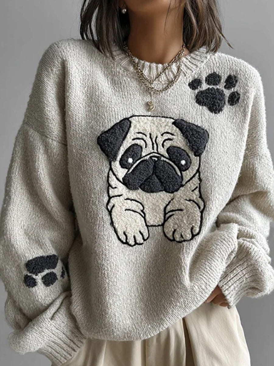 Kvinders dejlige søde Pug broderi kunst løs hyggelig strikkes sweater.