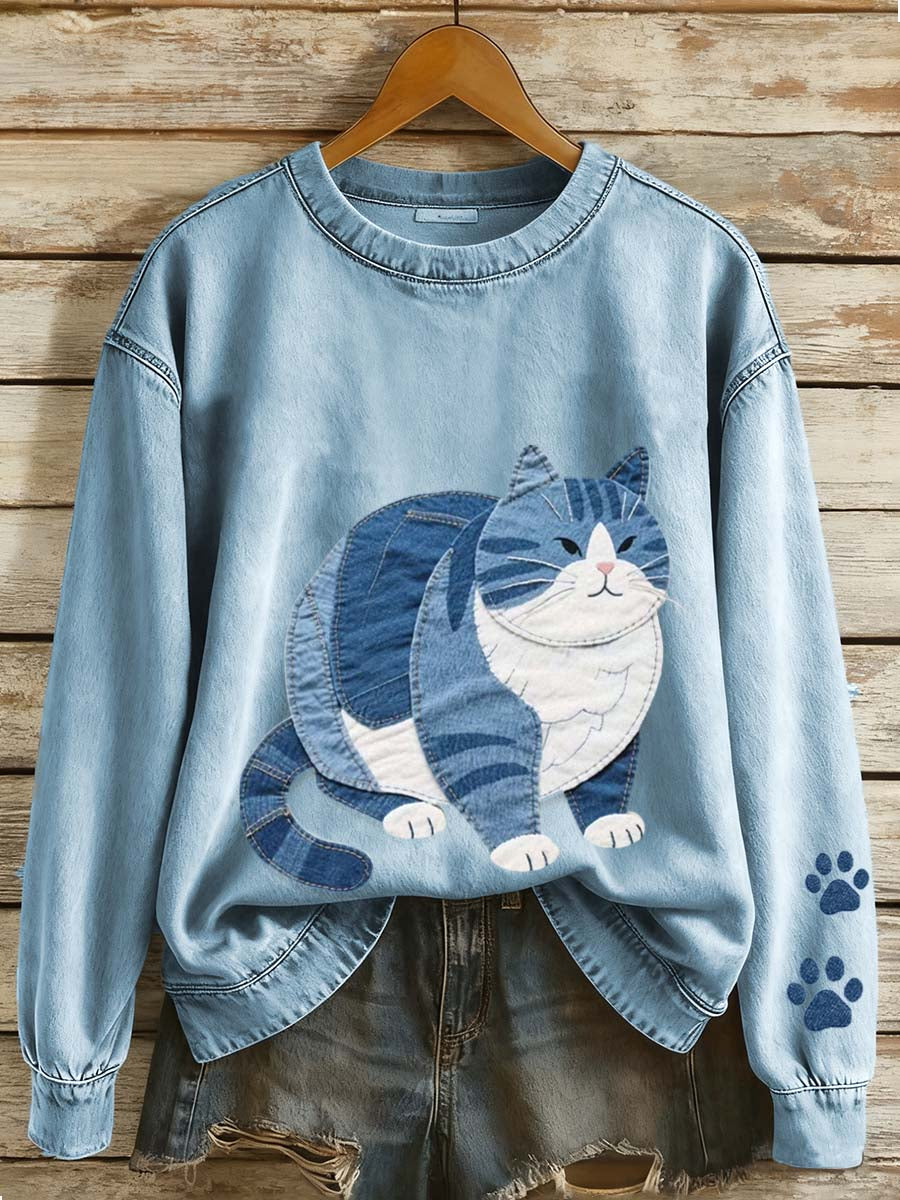 Kvinders søde fedt katt patchwork kunst sweatshirt