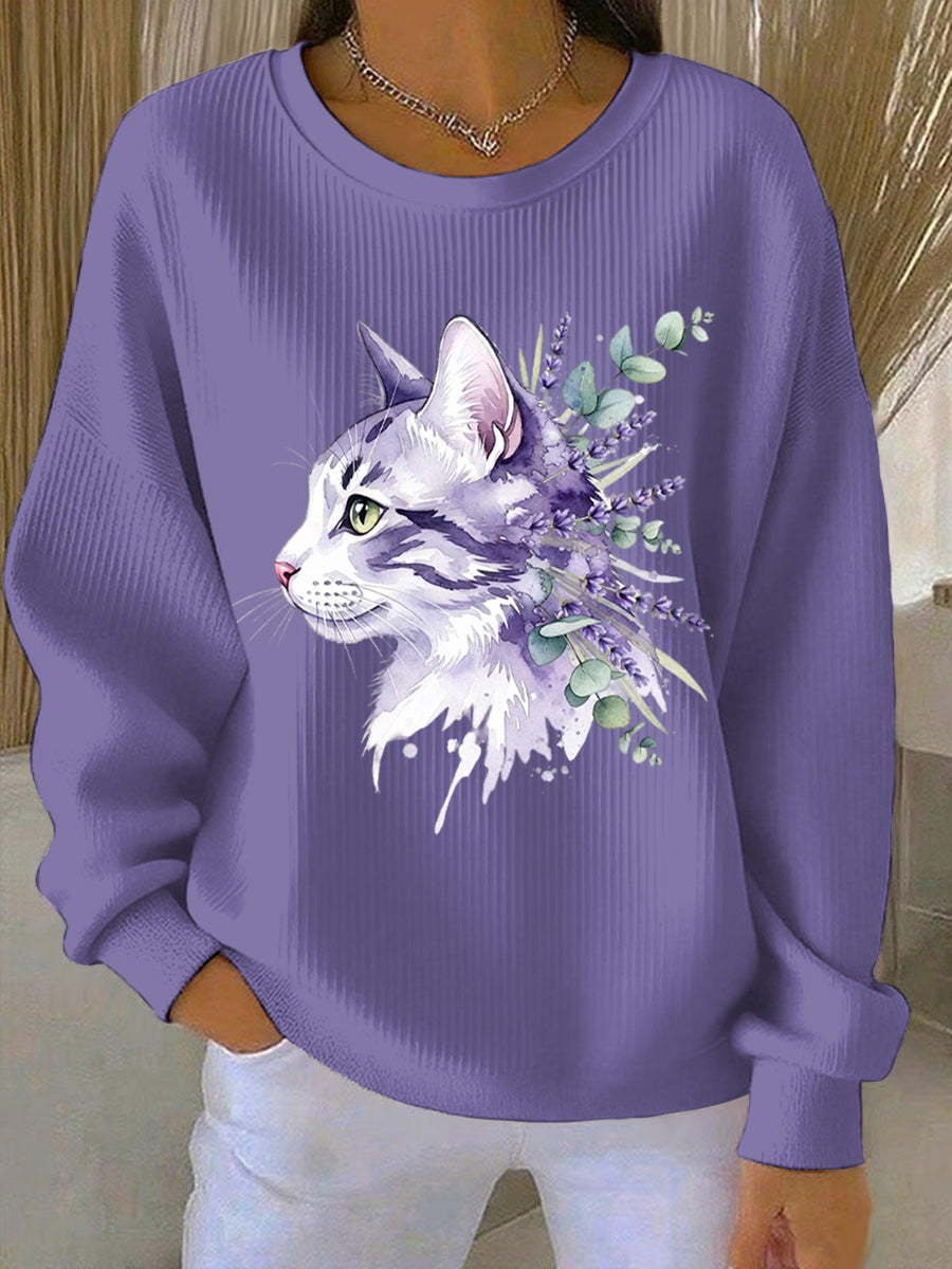 Kvinders lilla kat blomster Print Casual Sweatshirt