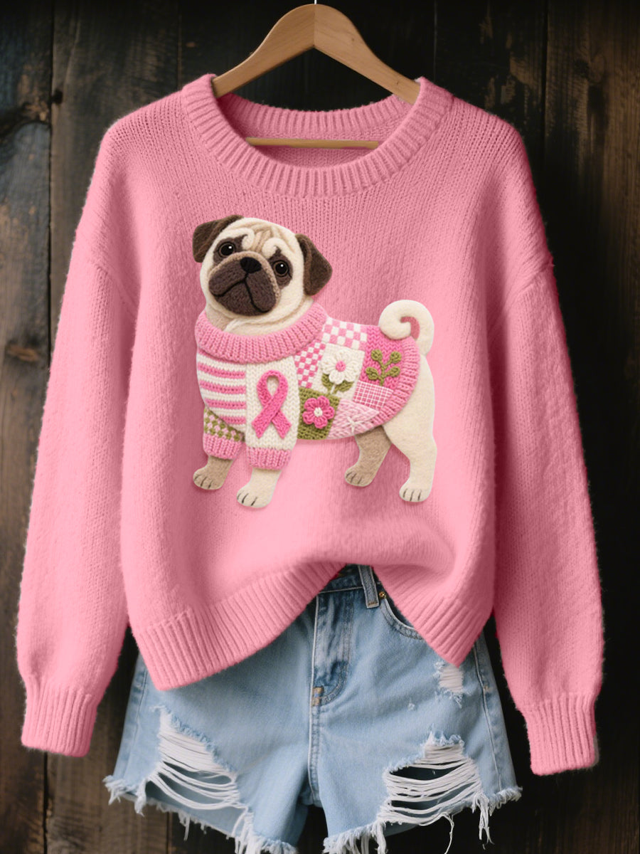Kvinders filt kunst Pug Mønster Hyggelig strik sweater.