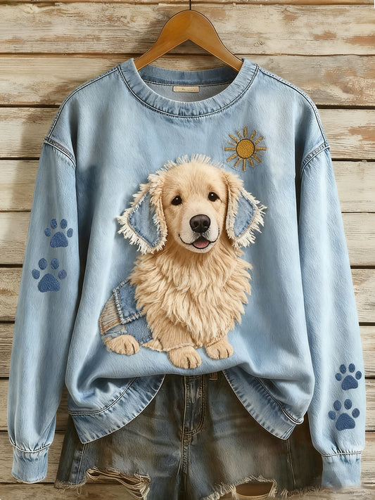 Kvinders Retro Denim Patchwork Animal Art Print Casual Comfort Langærme Sweatshirt