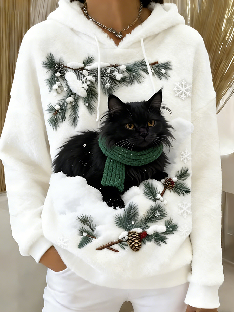 Kvinders Retro Animal Art Print Komfortable Flannel Hooded sweatshirt