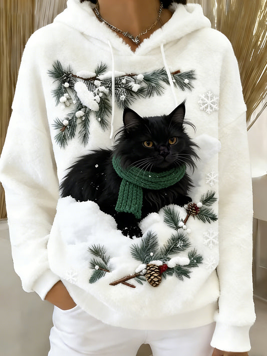 Kvinders Retro Animal Art Print Komfortable Flannel Hooded sweatshirt