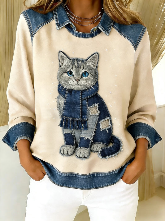 Retro sød kat Denim tørklæde Patchwork Printed Casual Loose Lange Laeve Lapel Sweatshirt