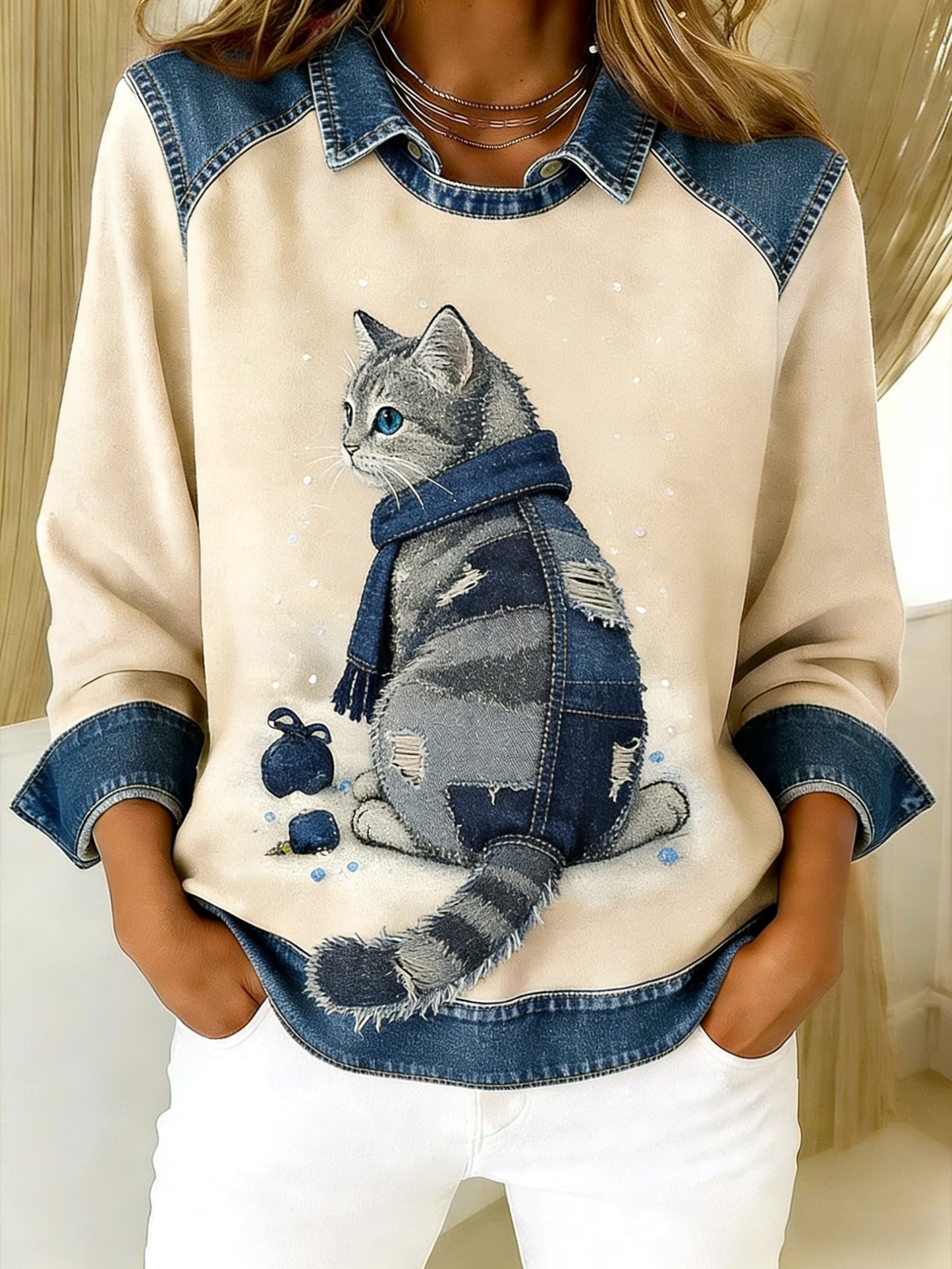 Retro sød kat Denim tørklæde Patchwork Printed Casual Loose Lange Laeve Lapel Sweatshirt