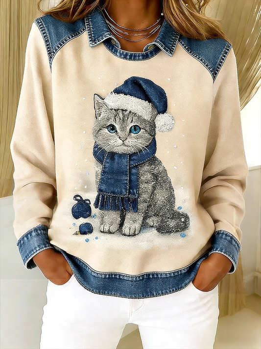 Retro sød kat Denim tørklæde Patchwork Printed Casual Loose Lange Laeve Lapel Sweatshirt
