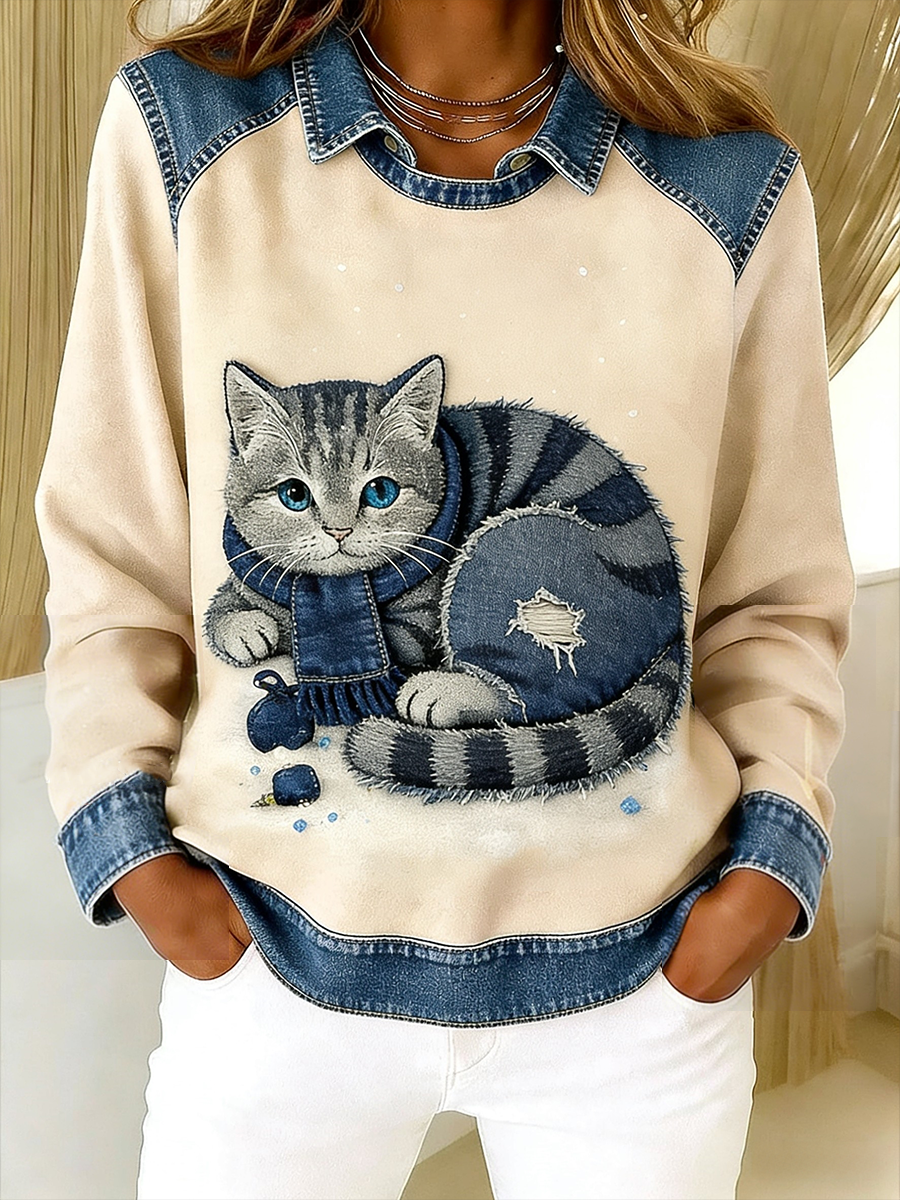 Retro sød kat Denim tørklæde Patchwork Printed Casual Loose Lange Laeve Lapel Sweatshirt