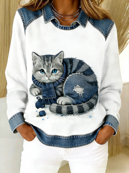 Retro sød kat Denim tørklæde Patchwork Printed Casual Loose Lange Laeve Lapel Sweatshirt